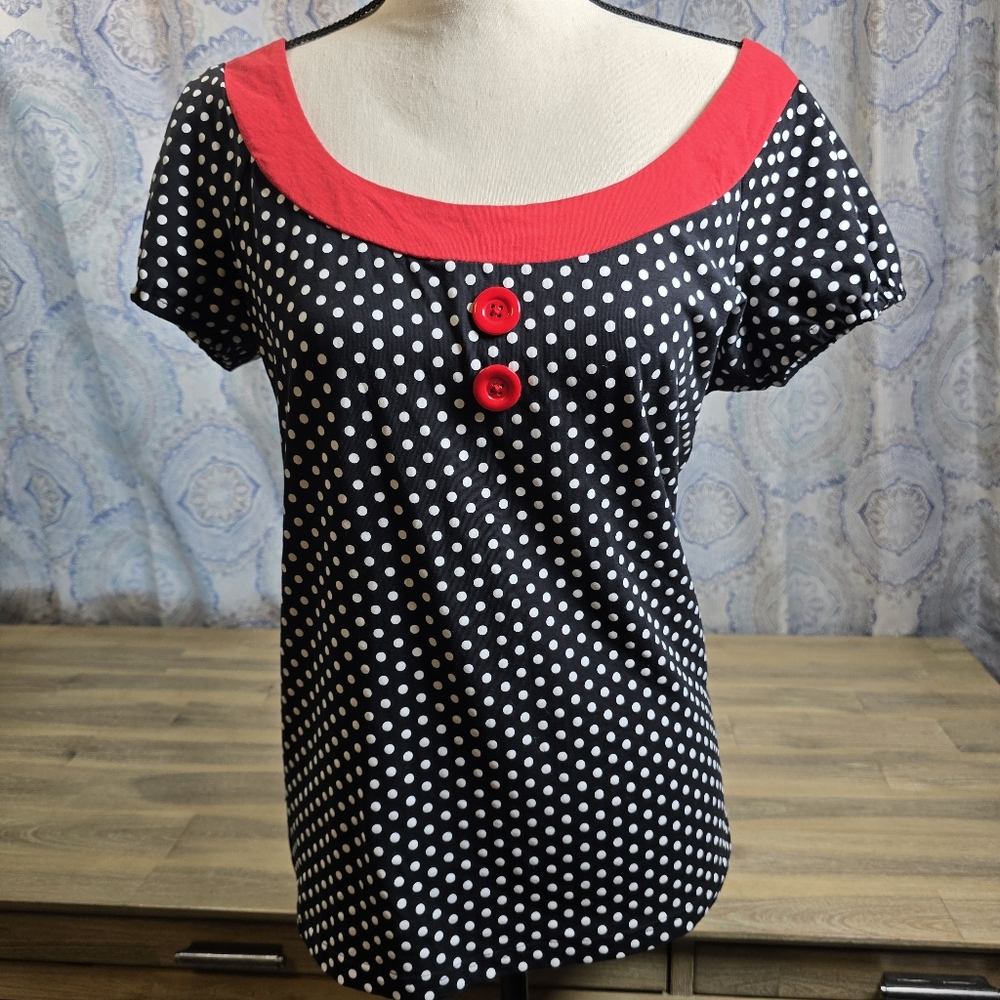 🖤 Sourpuss- Retro Polka Dot Puff Sleeve Top | Size XL